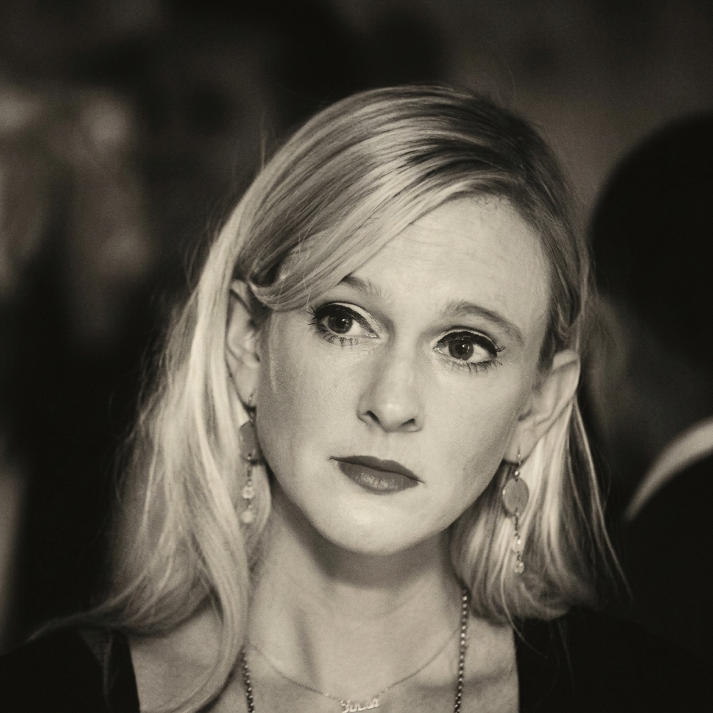 Andrea in a warm-toned black and white portrait at an evening event