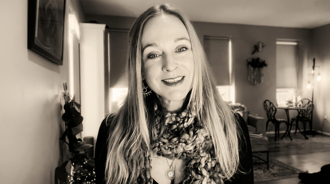 Andrea, warmly lit, inviting you into the work — a still from Radiate Purpose