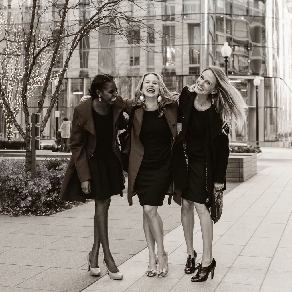 Andrea laughing on a city street with two friends in red coats