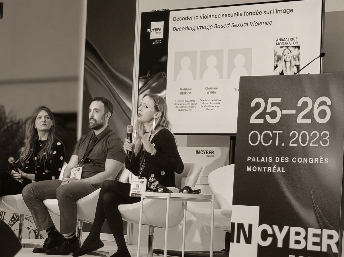 Andrea speaking on a panel at the InCyber Forum in Montréal, 2023